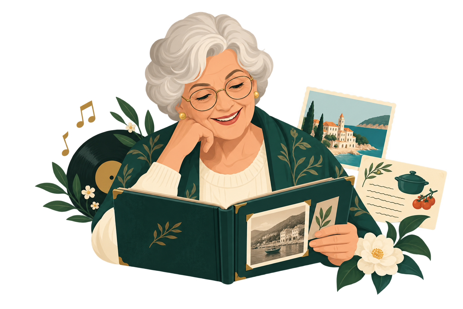 Persona mayor recordando momentos relacionados con la música, la cocina y los viajes